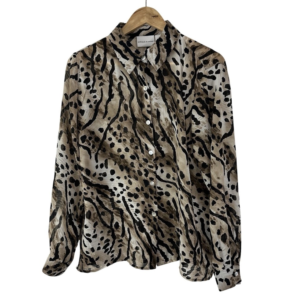 Alfred Dunner Sheer Button Up Blouse Women's Size‎ 12 Animal Print Safari Flowy